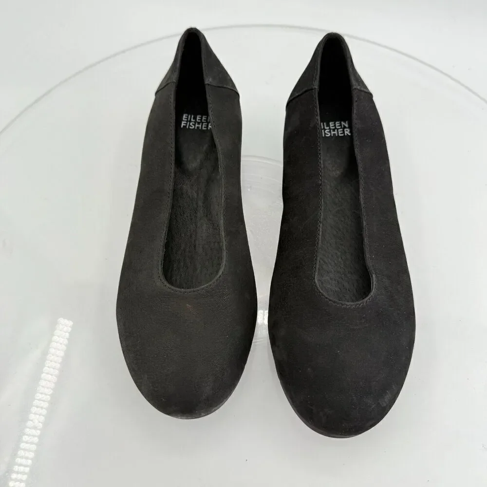 Eileen Fisher Womens Una Hidden Wedge Ballet Flats Sz 6.5 Black Suede Round Toe